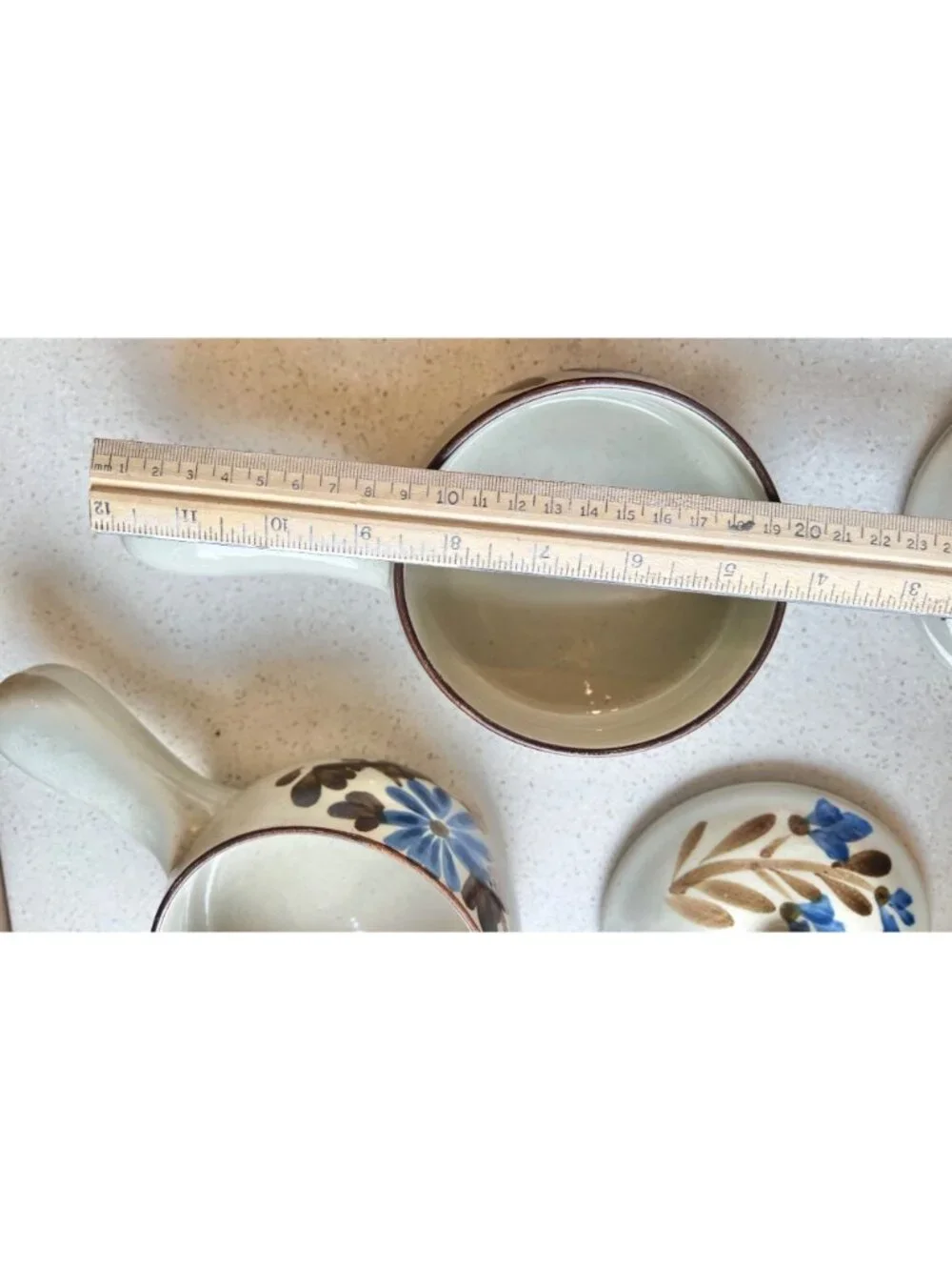 Ceramic Soup Bowls Lids & Handles Speckled Gray Blue Floral Ovenproof Set Of 2